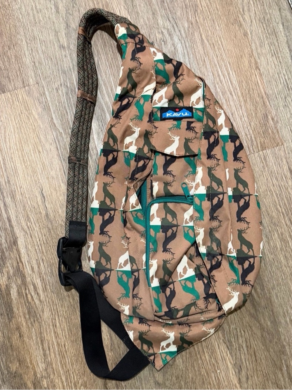 Kavu Brown Camo Sling Bag with Green & Cream Accents